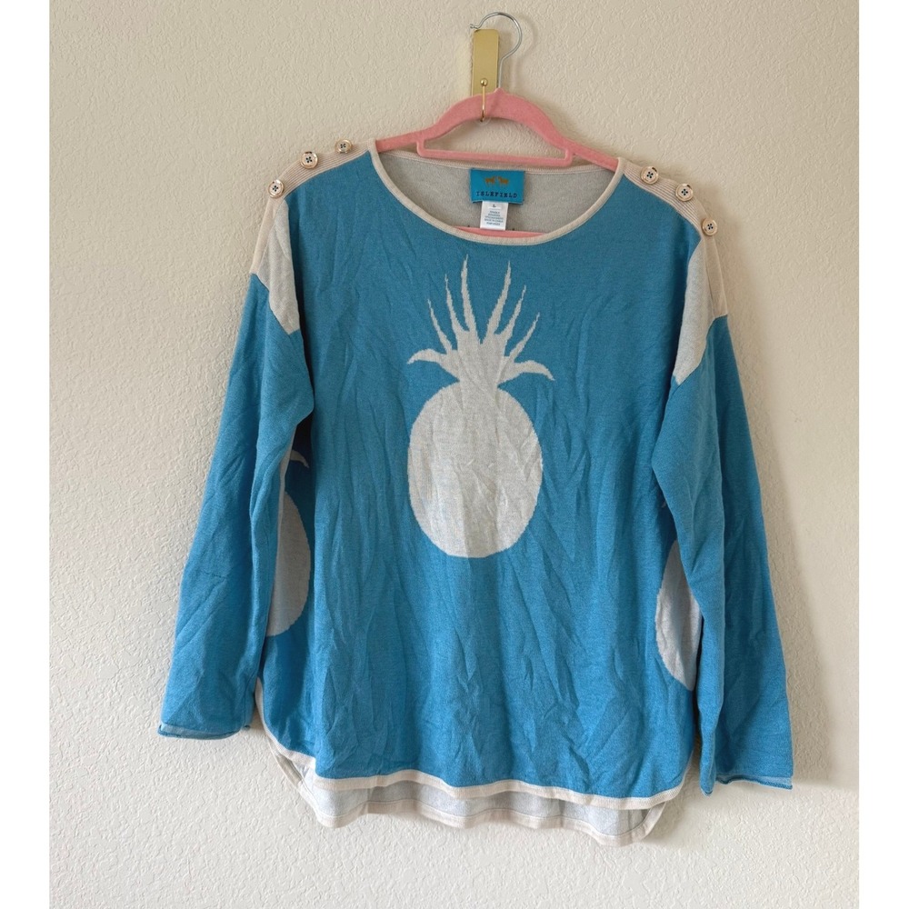 Islefield Womens Blue Pineapple Print Long Sleeve Knit Silk Wool Blend Sweater L